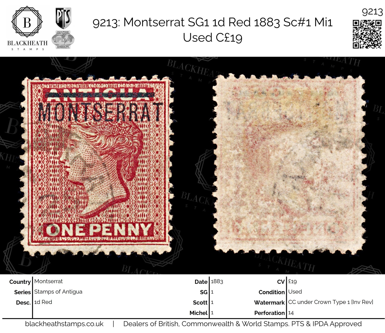 9213: Montserrat SG1 1d Red 1883 Sc#1 Mi1 Used C£19