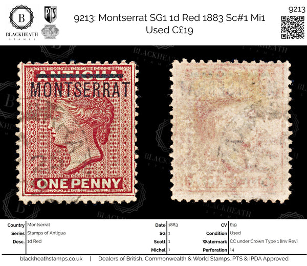 9213: Montserrat SG1 1d Red 1883 Sc#1 Mi1 Used C£19