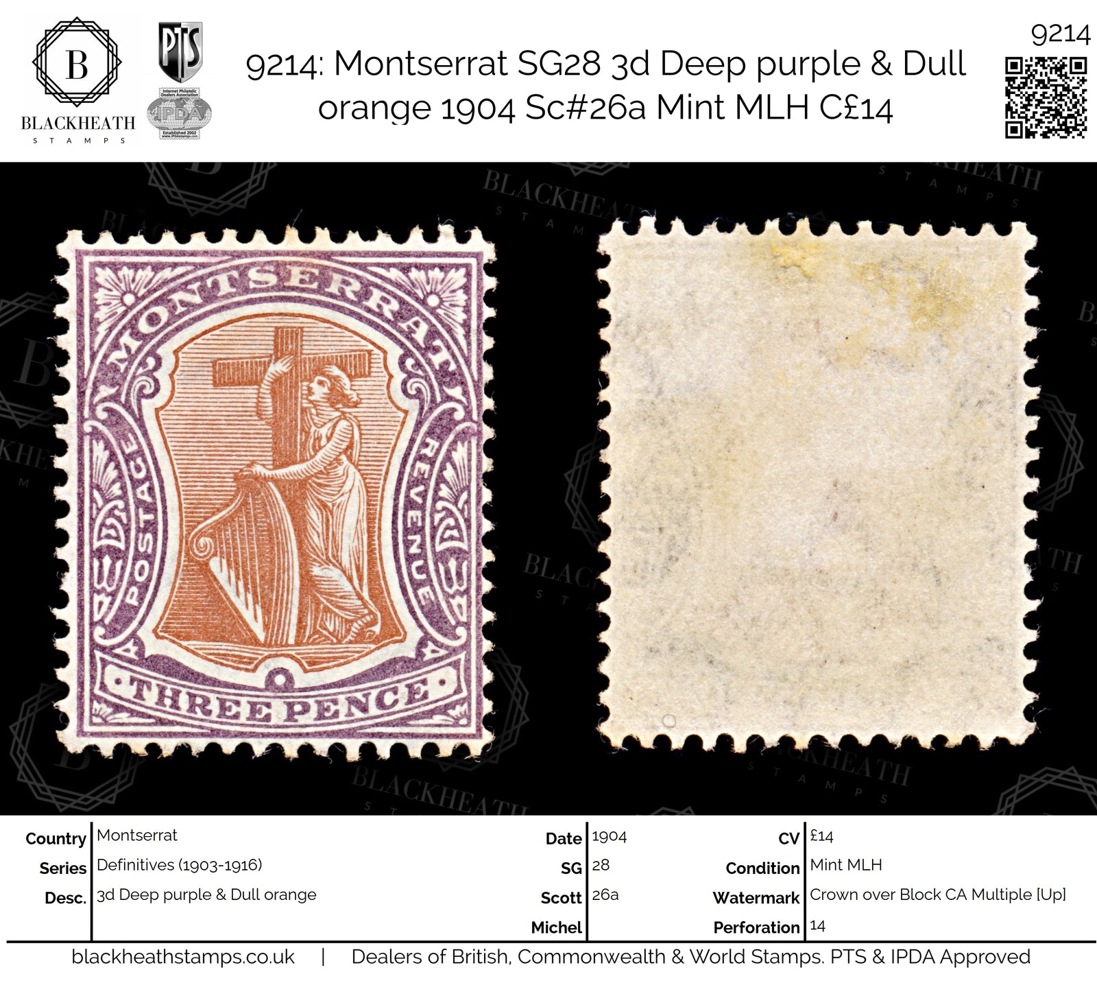 9214: Montserrat SG28 3d Deep purple &  Dull orange 1904 Sc#26a Mint MLH C£14
