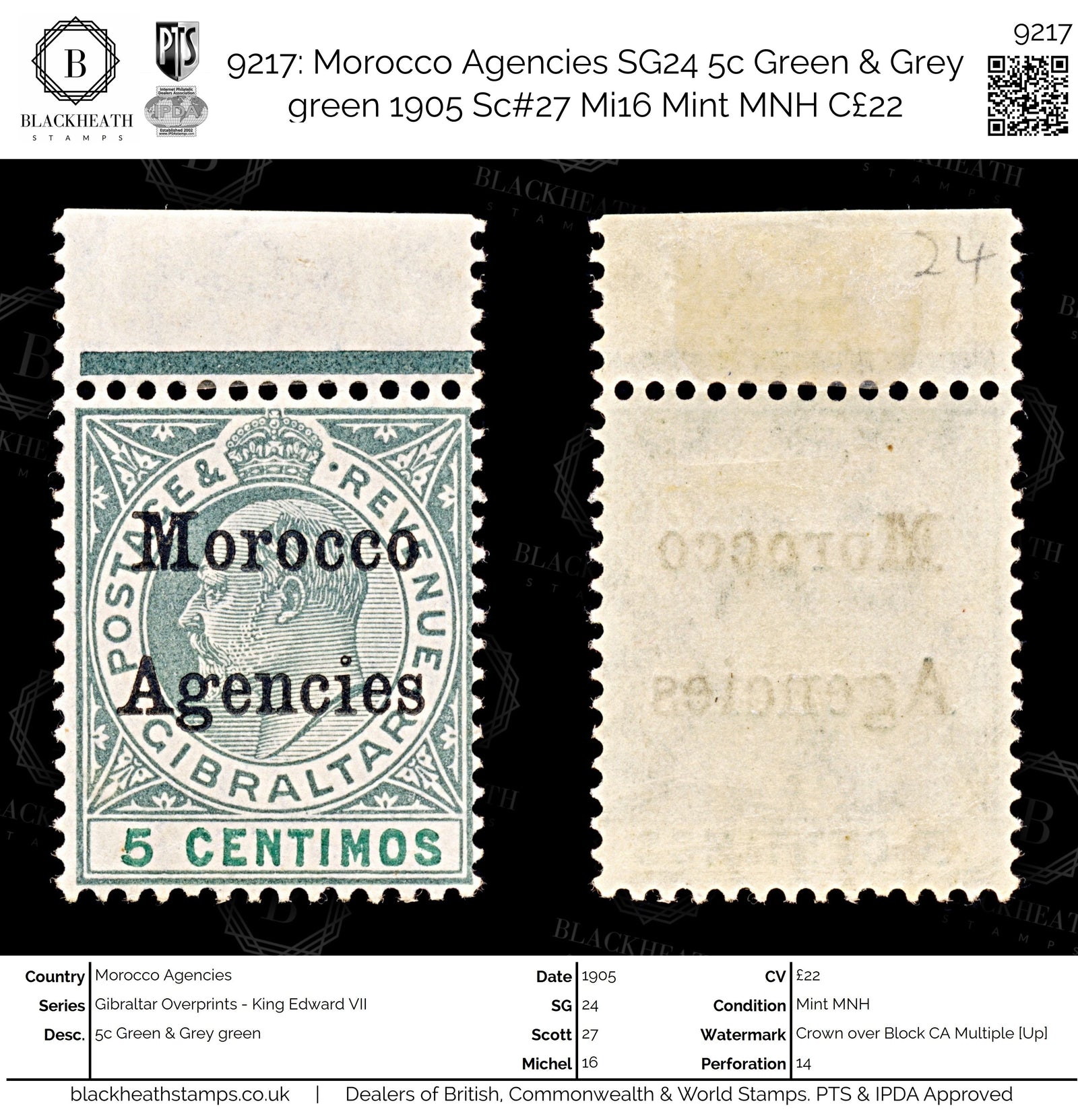 9217: Morocco Agencies SG24 5c Green &  Grey green 1905 Sc#27 Mi16 Mint MNH C£22