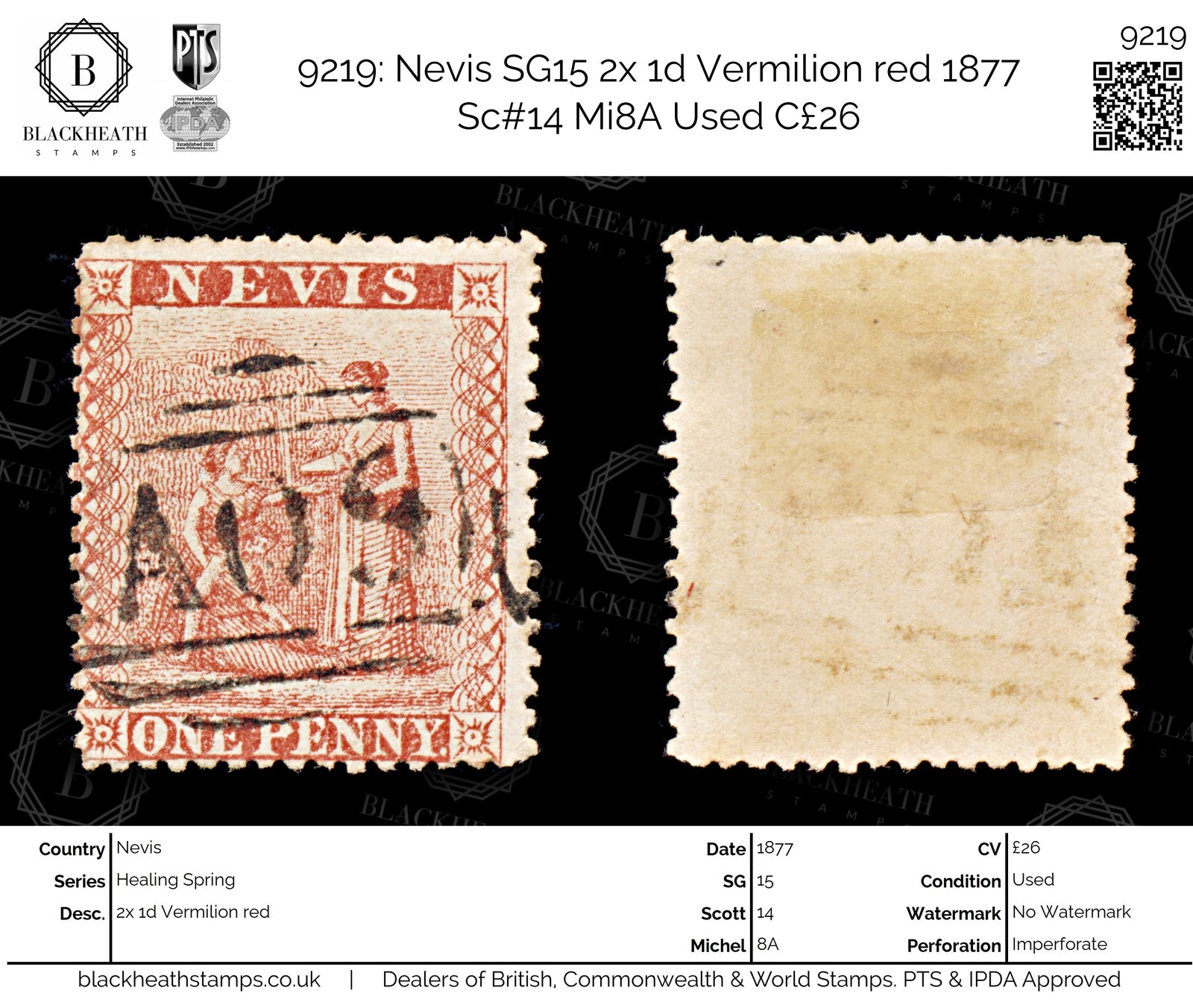 9219: Nevis SG15 2x 1d Vermilion red 1877 Sc#14 Mi8A Used C£26