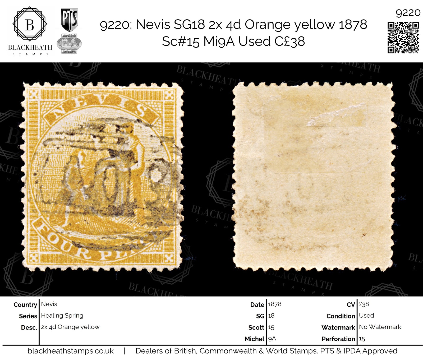9220: Nevis SG18 2x 4d Orange yellow 1878 Sc#15 Mi9A Used C£38