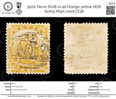 9220: Nevis SG18 2x 4d Orange yellow 1878 Sc#15 Mi9A Used C£38, view 1