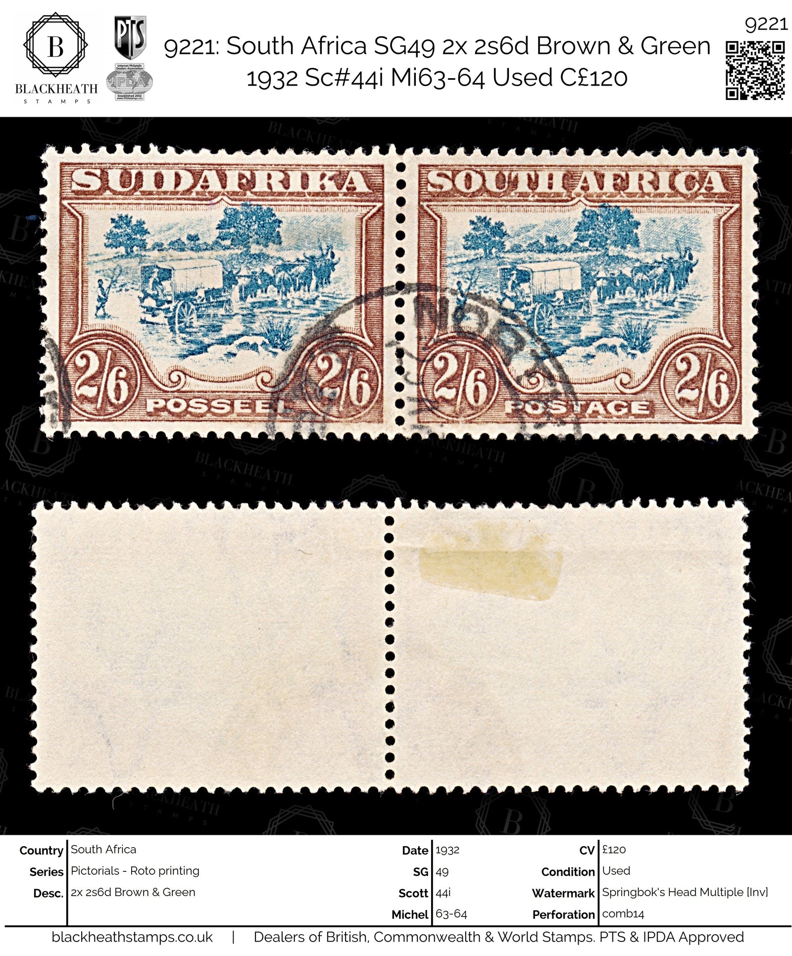 9221: South Africa SG49 2x 2s6d Brown &  Green 1932 Sc#44i Mi63-64 Used C£120