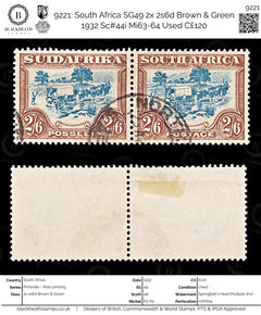 9221: South Africa SG49 2x 2s6d Brown &  Green 1932 Sc#44i Mi63-64 Used C£120, view 1