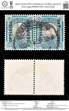 9222: South Africa SGO32 2x ½d Blue green &  Grey 1944 MiD66-D67 Used C£42, view 1