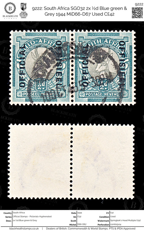 9222: South Africa SGO32 2x ½d Blue green &  Grey 1944 MiD66-D67 Used C£42