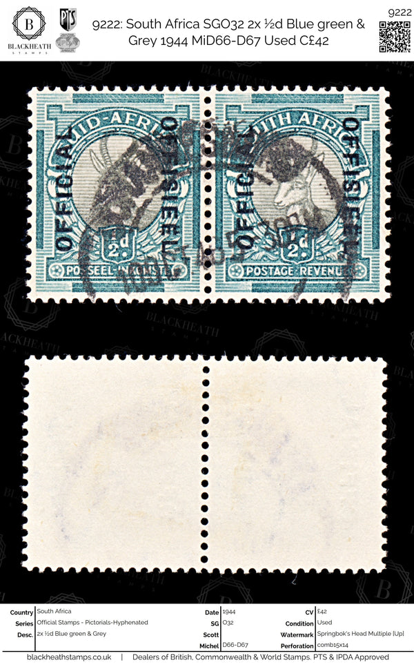 9222: South Africa SGO32 2x ½d Blue green &  Grey 1944 MiD66-D67 Used C£42