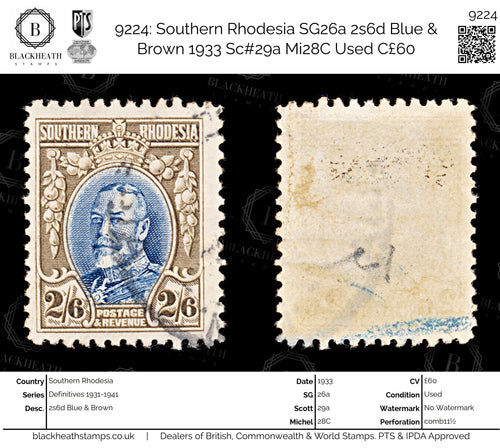 9224: Southern Rhodesia SG26a 2s6d Blue &  Brown 1933 Sc#29a Mi28C Used C£60