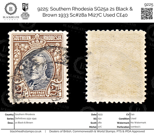 9225: Southern Rhodesia SG25a 2s Black &  Brown 1933 Sc#28a Mi27C Used C£40