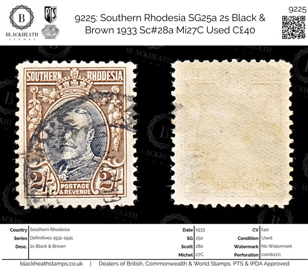 9225: Southern Rhodesia SG25a 2s Black &  Brown 1933 Sc#28a Mi27C Used C£40