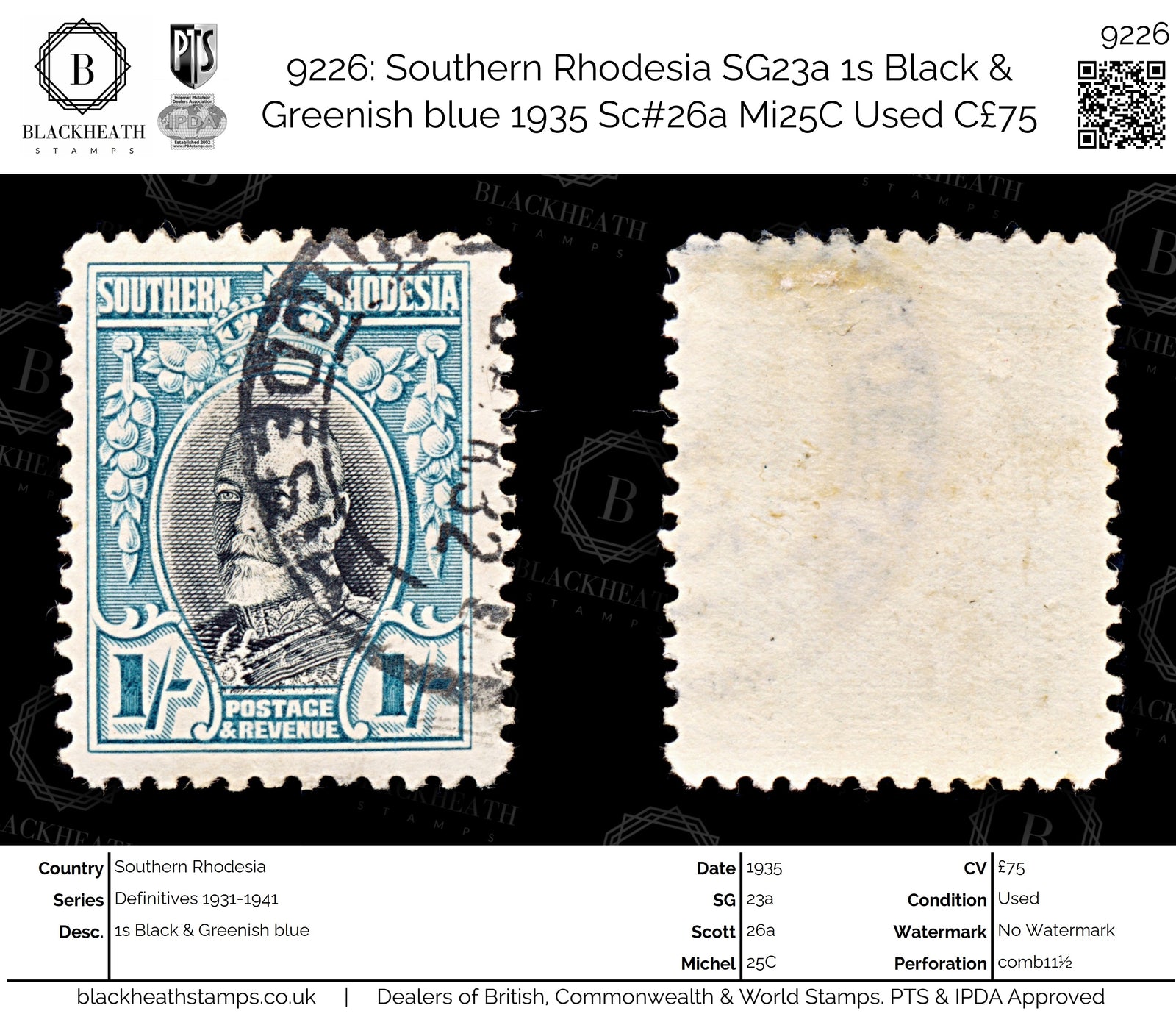 9226: Southern Rhodesia SG23a 1s Black &  Greenish blue 1935 Sc#26a Mi25C Used C£75