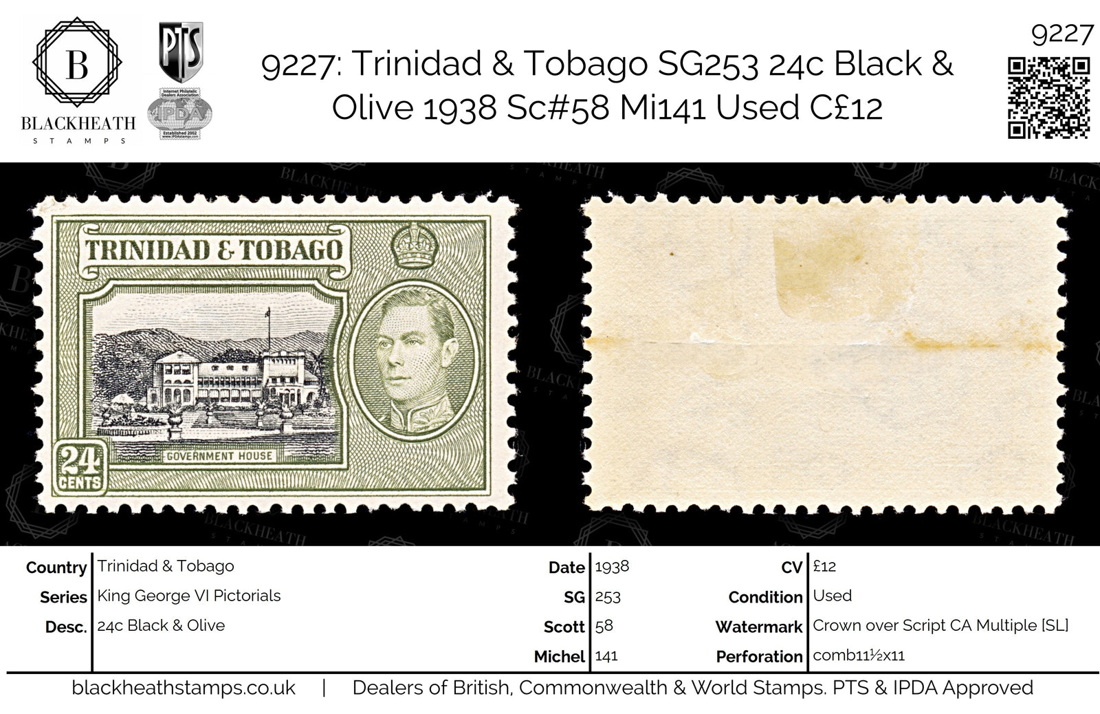 9227: Trinidad & Tobago SG253 24c Black &  Olive 1938 Sc#58 Mi141 Used C£12