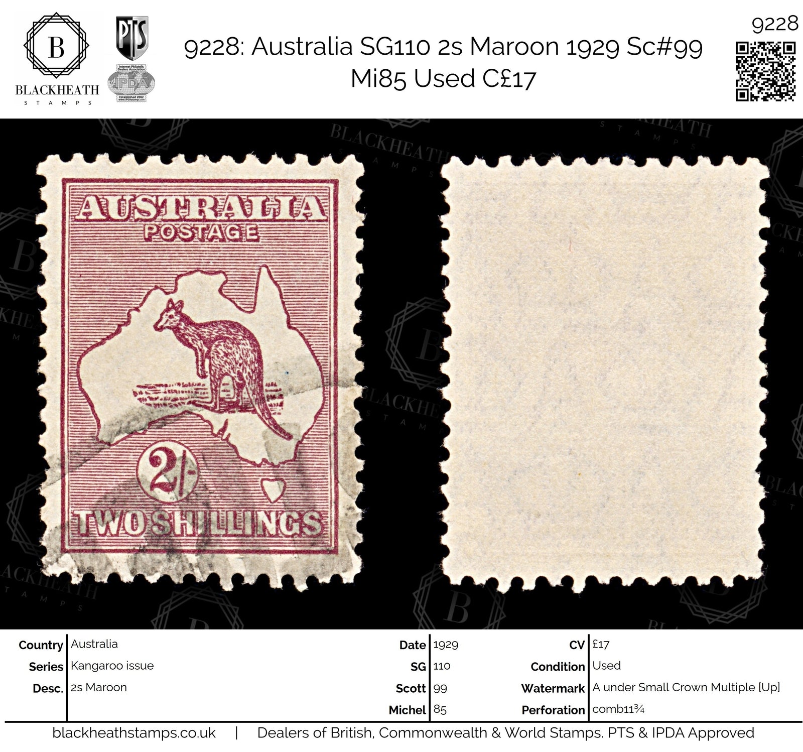 9228: Australia SG110 2s Maroon 1929 Sc#99 Mi85 Used C£17
