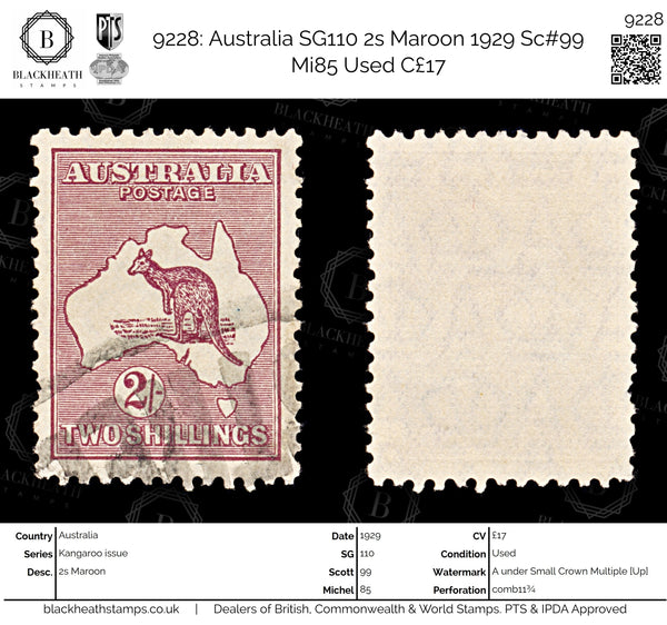 9228: Australia SG110 2s Maroon 1929 Sc#99 Mi85 Used C£17