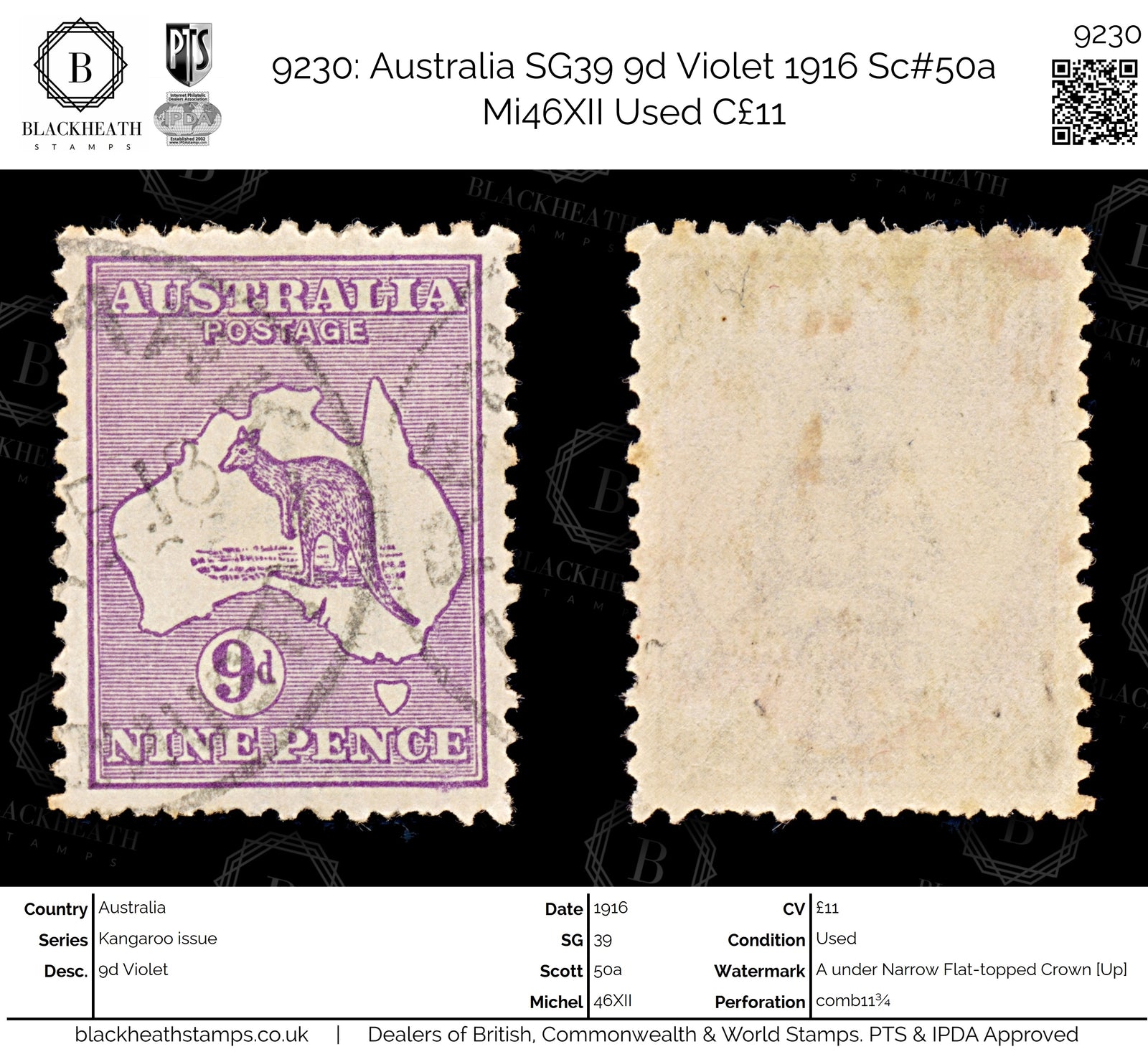 9230: Australia SG39 9d Violet 1916 Sc#50a Mi46XII Used C£11