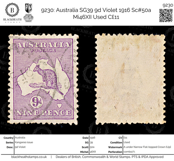 9230: Australia SG39 9d Violet 1916 Sc#50a Mi46XII Used C£11