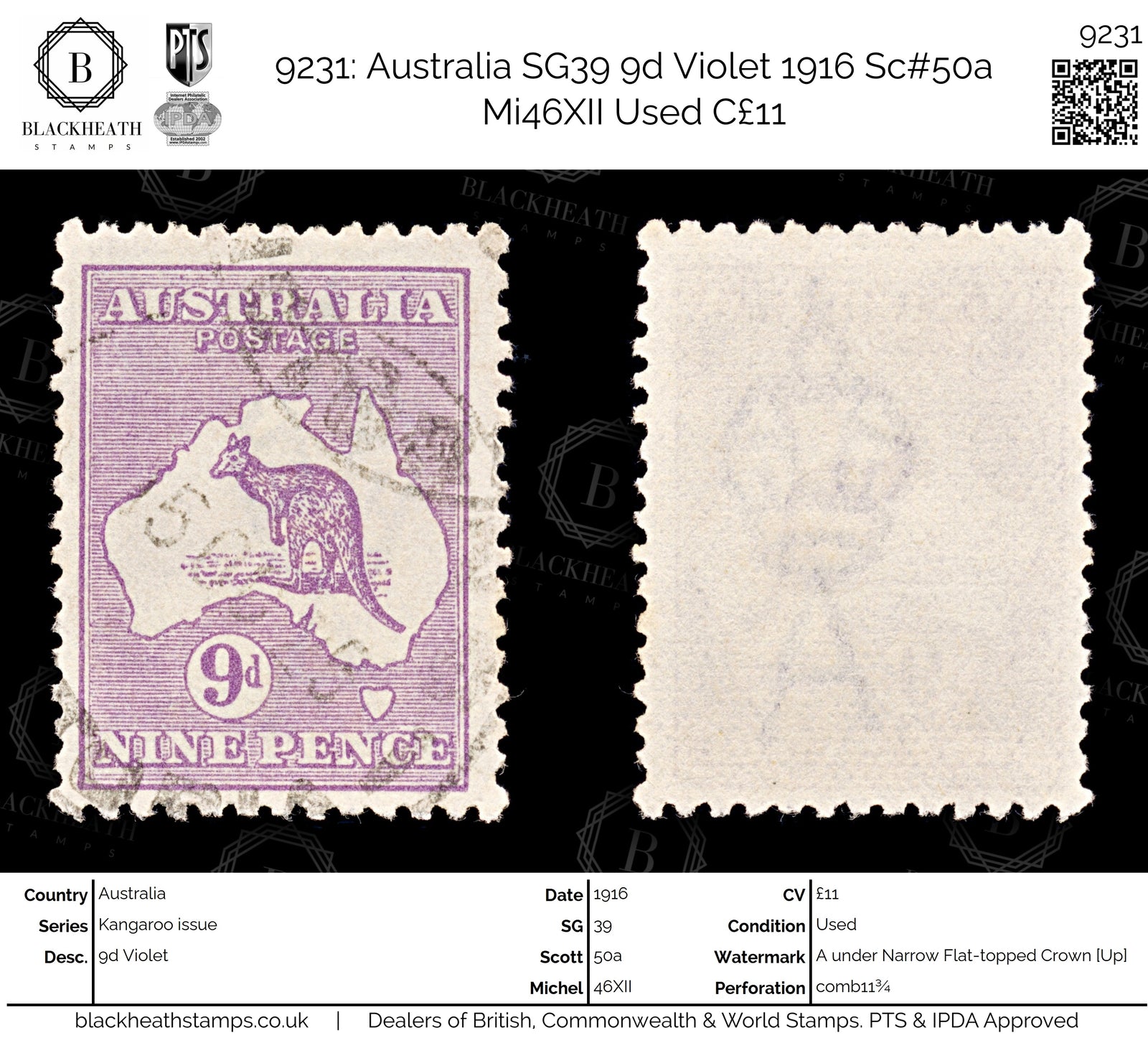 9231: Australia SG39 9d Violet 1916 Sc#50a Mi46XII Used C£11