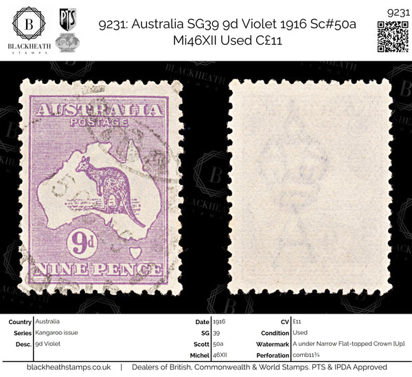 9231: Australia SG39 9d Violet 1916 Sc#50a Mi46XII Used C£11