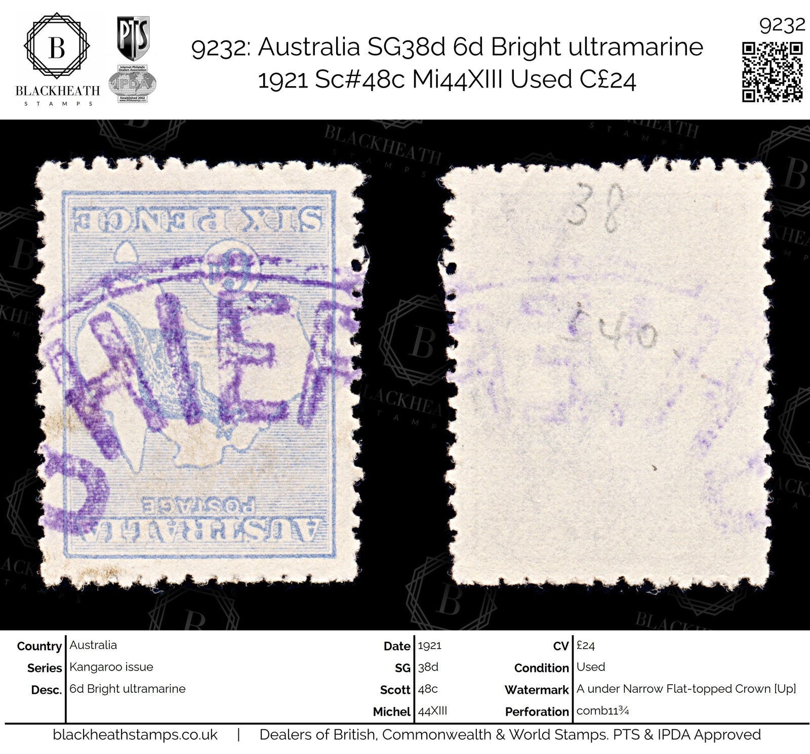 9232: Australia SG38d 6d Bright ultramarine 1921 Sc#48c Mi44XIII Used C£24