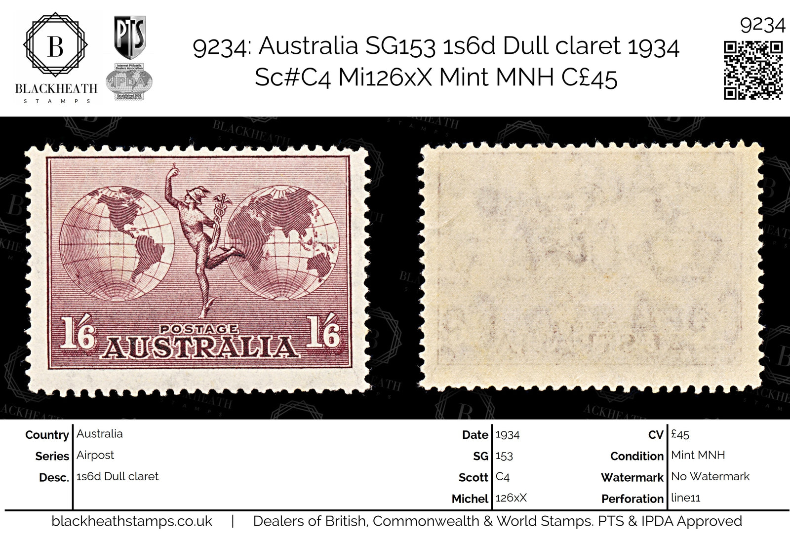 9234: Australia SG153 1s6d Dull claret 1934 Sc#C4 Mi126xX Mint MNH C£45