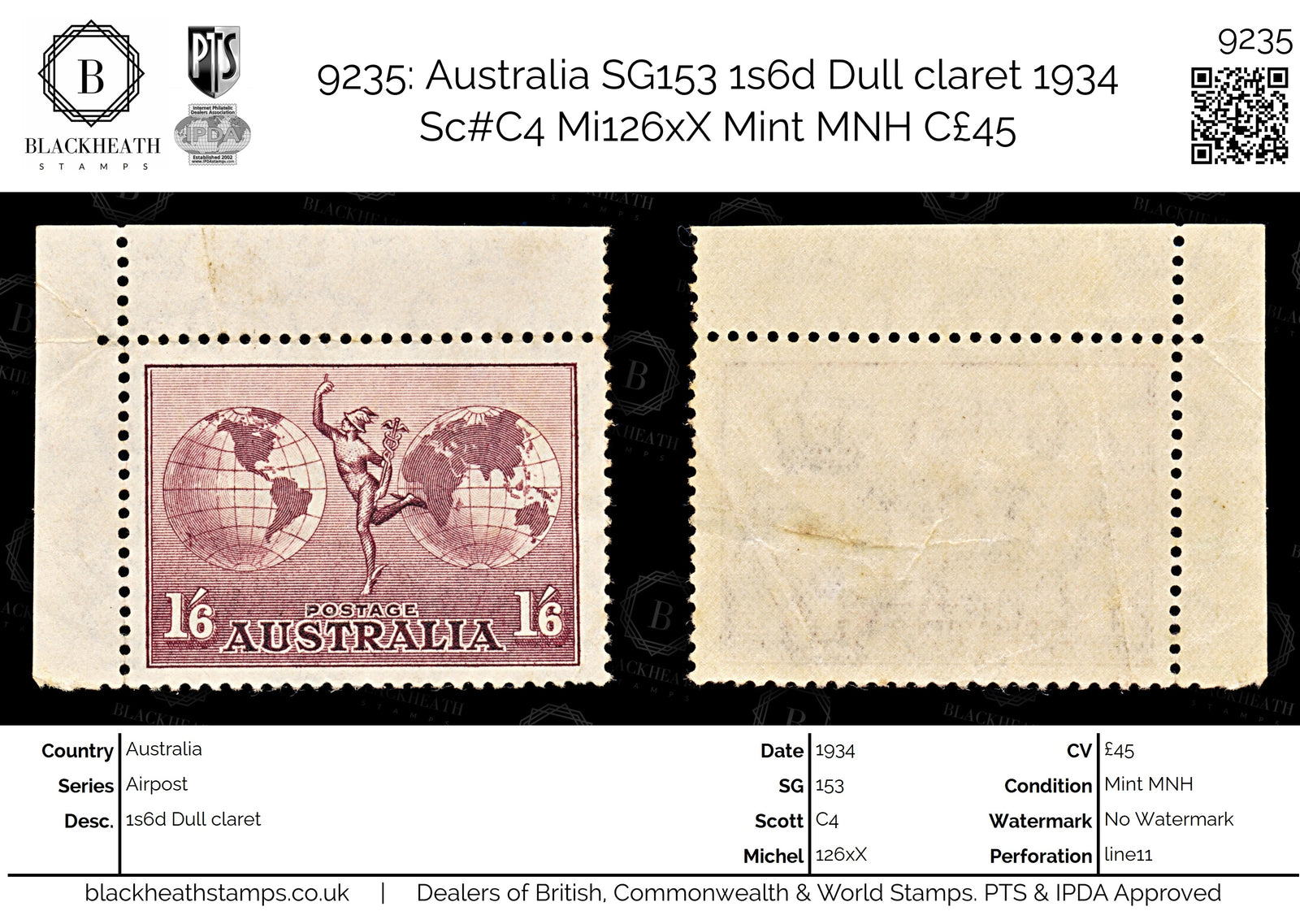 9235: Australia SG153 1s6d Dull claret 1934 Sc#C4 Mi126xX Mint MNH C£45