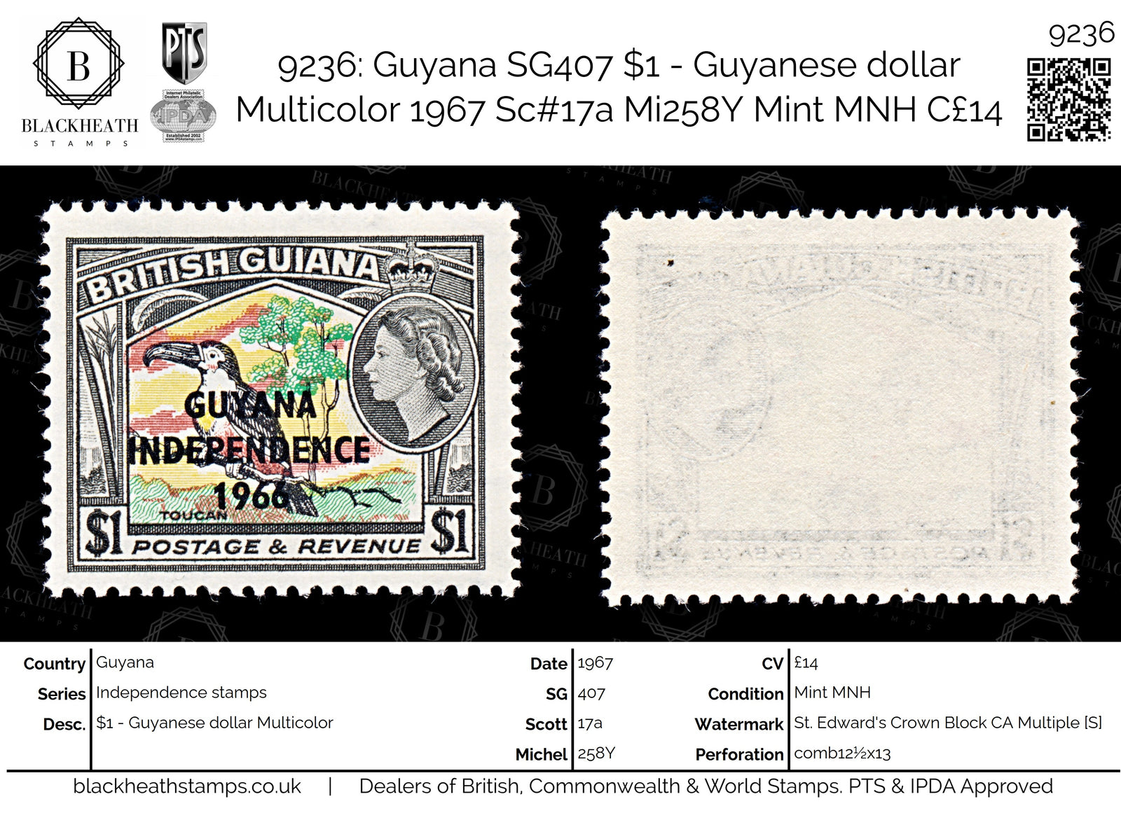 9236: Guyana SG407 $1 - Guyanese dollar Multicolor 1967 Sc#17a Mi258Y Mint MNH C£14
