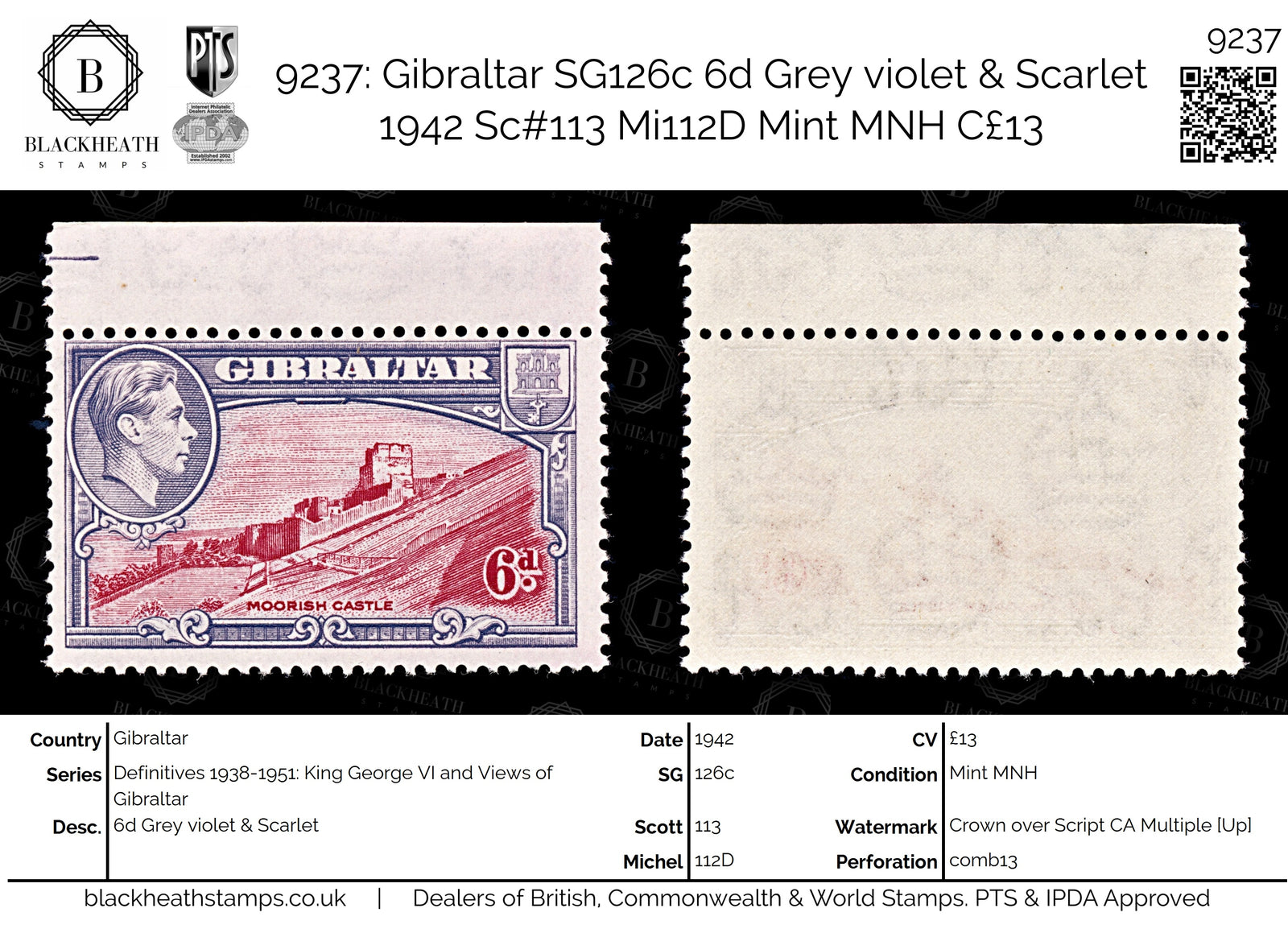 9237: Gibraltar SG126c 6d Grey violet &  Scarlet 1942 Sc#113 Mi112D Mint MNH C£13