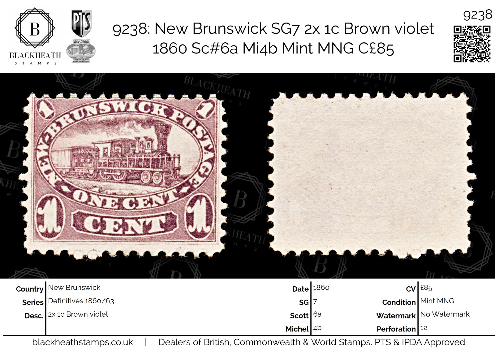 9238: New Brunswick SG7 2x 1c Brown violet 1860 Sc#6a Mi4b Mint MNG C£85