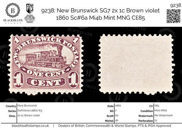 9238: New Brunswick SG7 2x 1c Brown violet 1860 Sc#6a Mi4b Mint MNG C£85