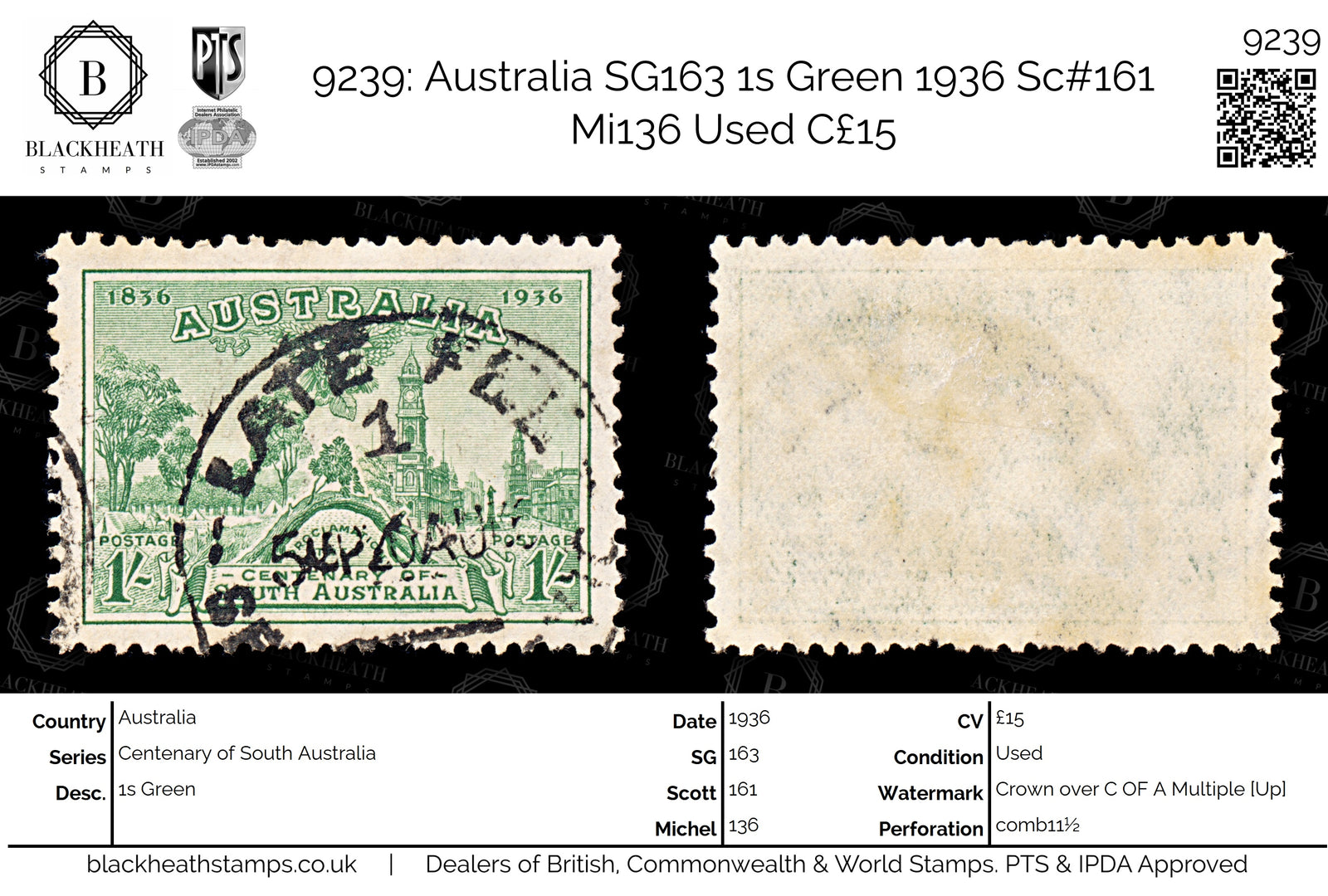 9239: Australia SG163 1s Green 1936 Sc#161 Mi136 Used C£15