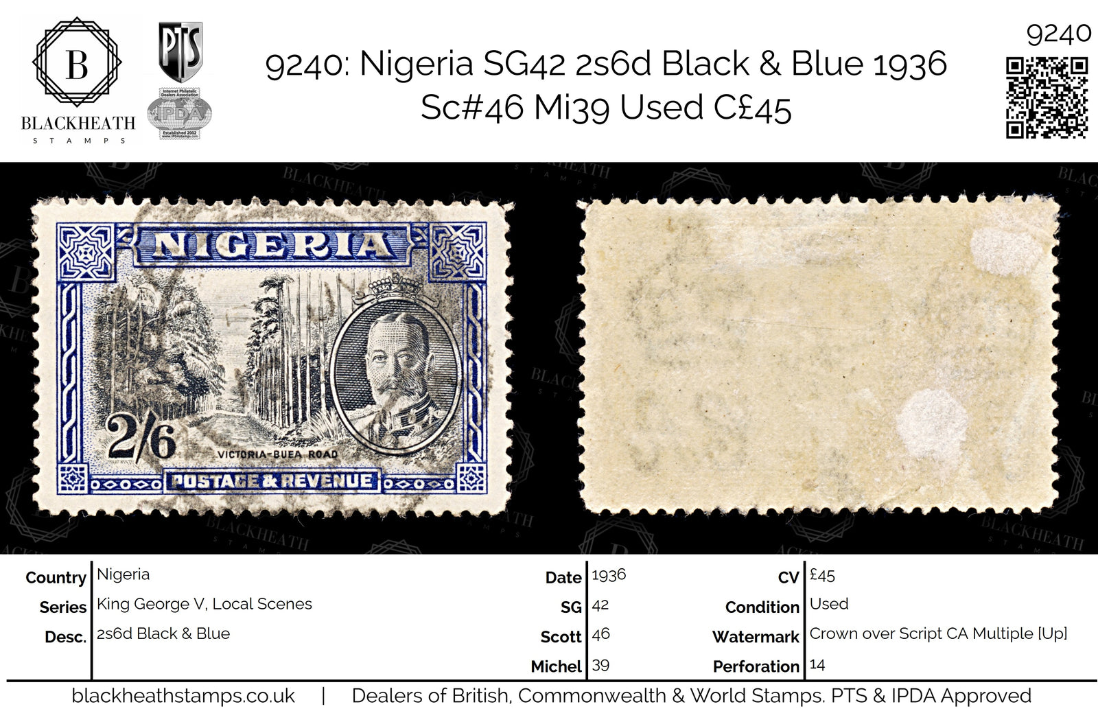 9240: Nigeria SG42 2s6d Black &  Blue 1936 Sc#46 Mi39 Used C£45