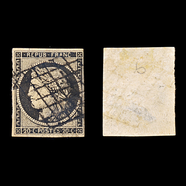 9343: France SG6 2x 20c Grey black 1849 Sc#3 Mi3y Used C£65