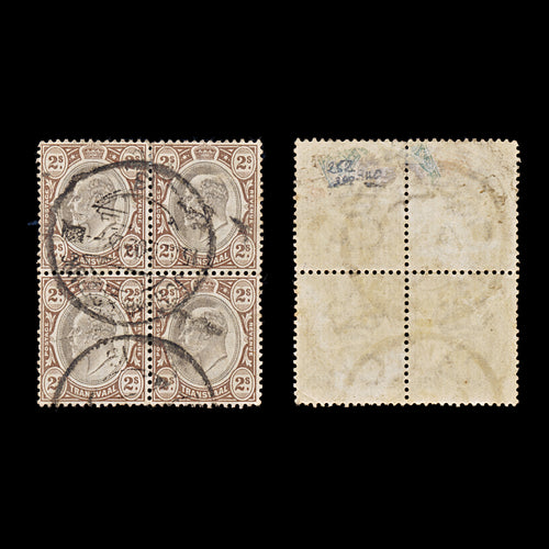 9465: Transvaal SG252 Block of 4 1902 Sc#261 Mi111 Used C£340
