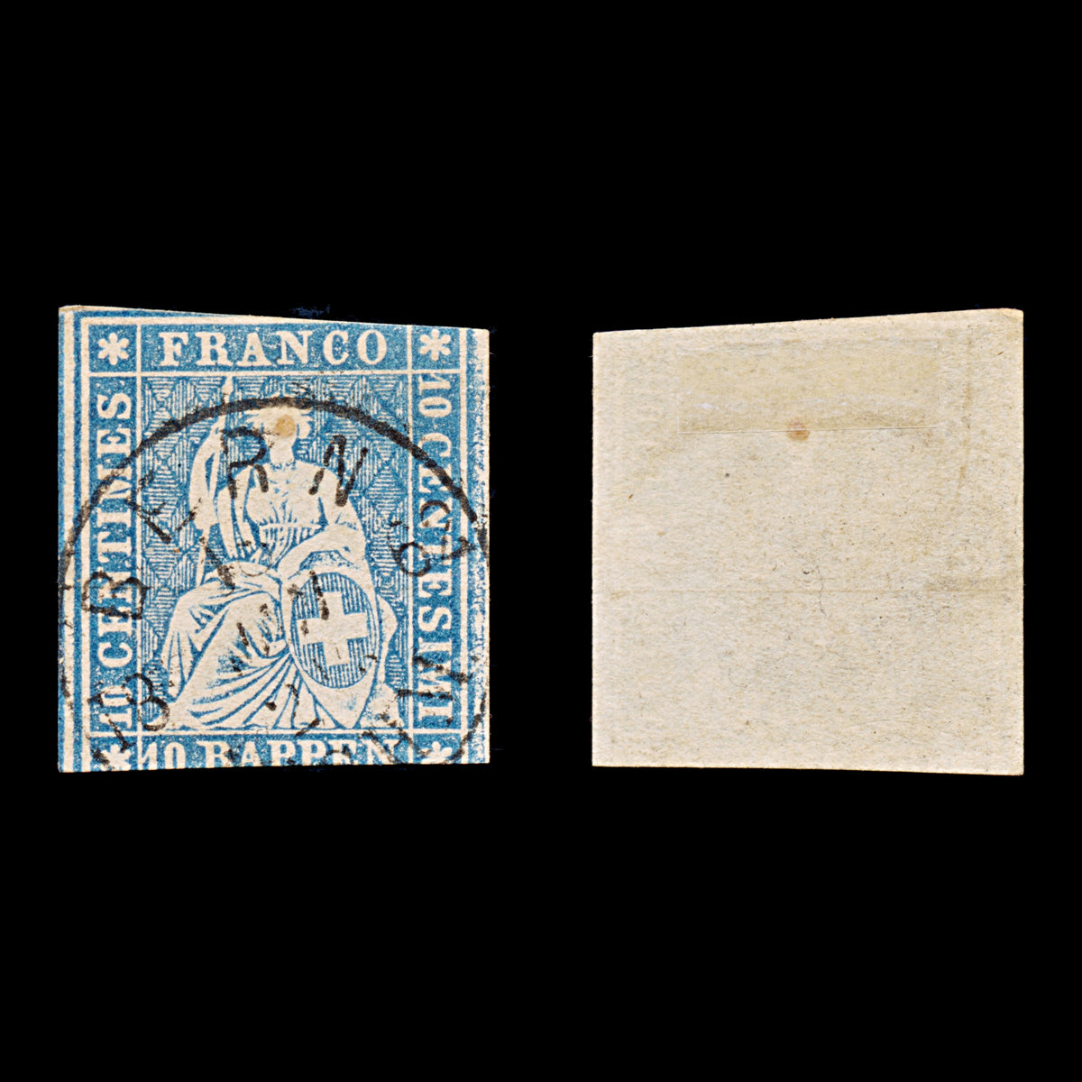 9498: Switzerland SG48 10Ra Clear blue 1859 Sc#37 Mi14IIByma Used C£22
