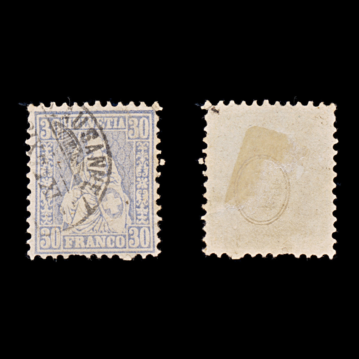9502: Switzerland SG65 30c Prussian blue 1867 Sc#56a Mi33b Used C£250