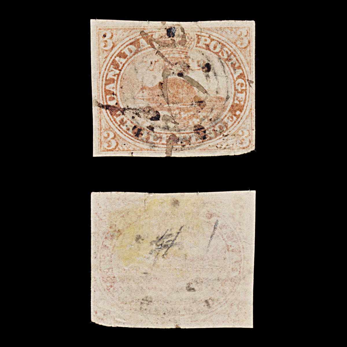 9507: Canada SG1 3d Orange vermilion 1851 Sc#1 Mi2w Used C£1100