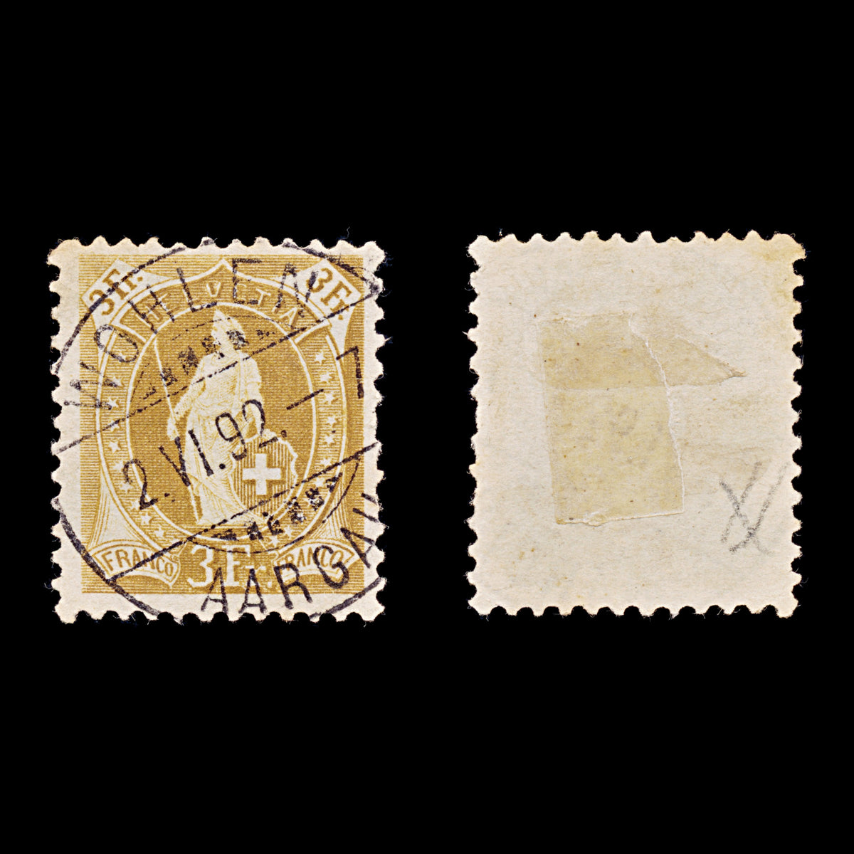 9552: Switzerland SG139a 3F Blackish yellow orange 1891 Sc#88 Mi64XAb Used C£29