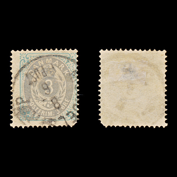 9604: Denmark SG50 3ore Dull ultramarine &  Grey 1875 Sc#25 Mi22IYAb Used C£43
