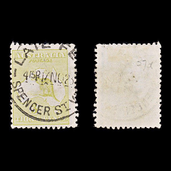 9640: Australia SG37d 3d Yellow olive 1915 Sc#47a Mi43XII Used C£55