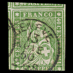 4396 Switzerland SG28a 40c Bright Green. Thin Paper. Green Thread. 1854. Sc#18 Mi17Ia Good Used. C£325, view 3
