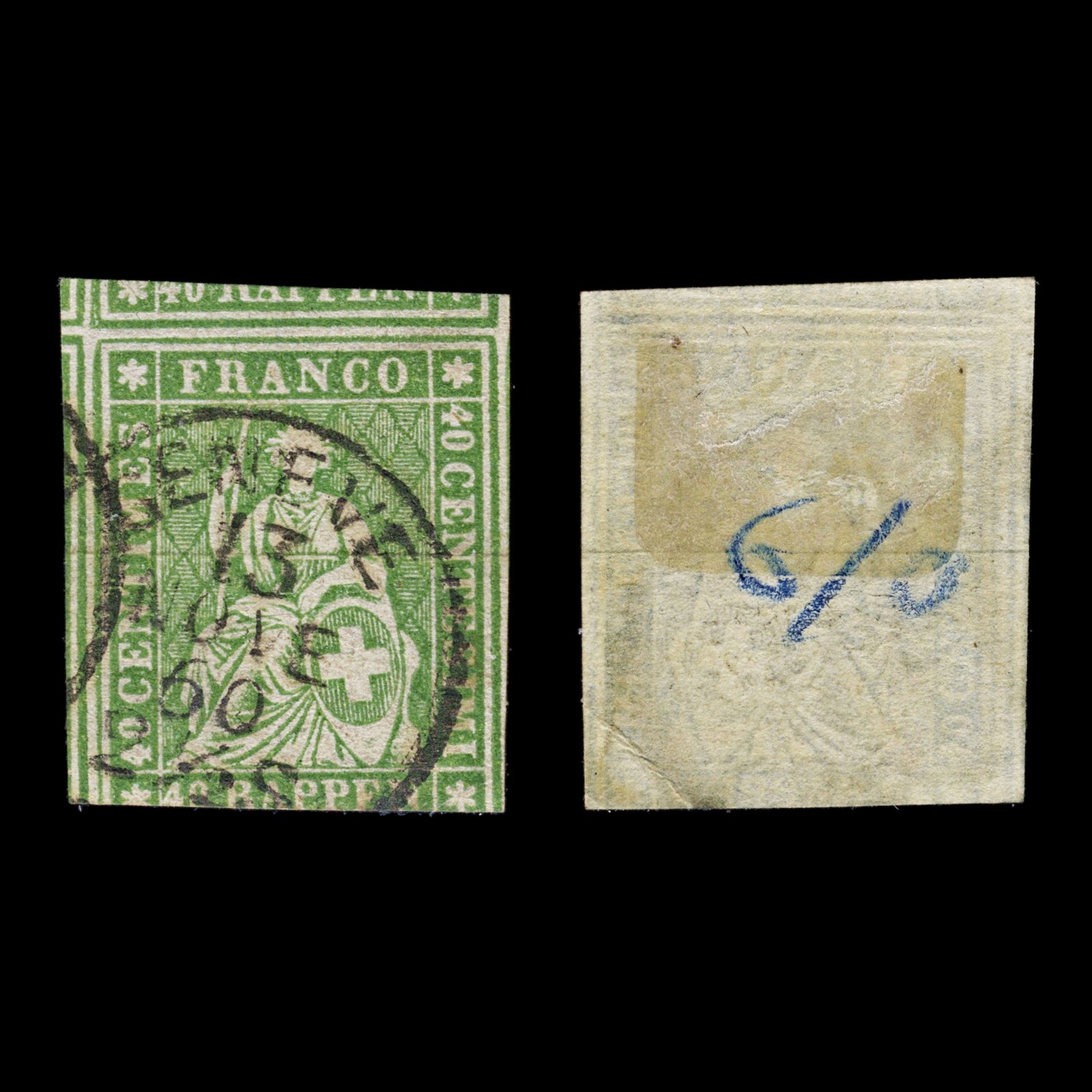 4396 Switzerland SG28a 40c Bright Green. Thin Paper. Green Thread. 1854. Sc#18 Mi17Ia Good Used. C£325