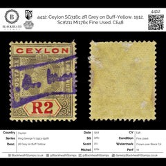 4412 Ceylon SG316c 2R Grey on Buff-Yellow. 1912. Sc#211 Mi176x Fine Used. C£48, view 2