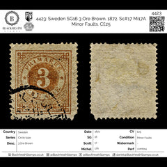 4423 Sweden SG16 3 Ore Brown. 1872. Sc#17 Mi17A Minor Faults. C£25, view 2
