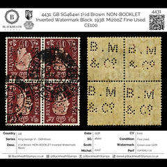 4431 GB SG464wi 1½d Brown. NON-BOOKLET Inverted Watermark Block. 1938. Mi200Z Fine Used. C£100, view 2