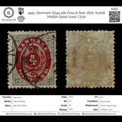 4451 Denmark SG44 4Sk Grey & Red. 1870. Sc#18 Mi18IA Good Used. C£20, view 2