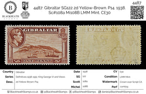 4487 Gibraltar SG122 2d Yellow-Brown. P14. 13989. Sc#108a Mi108B LMM Mint. C£30