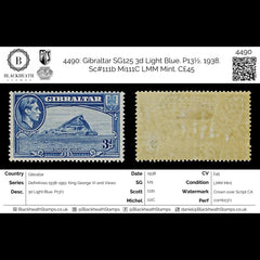 4490 Gibraltar SG125 3d Light Blue. P13½. 1938. Sc#111b Mi111C LMM Mint. C£45, view 2