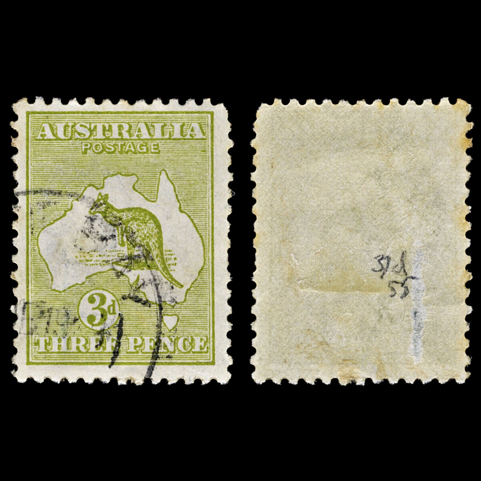 4731 Australia SG37d 3d Yellow-Olive. Die II. 1915. Sc#47a Mi43XII Used. C£55