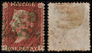 3676 GB 1d Rose-Red 1857. SG38. Spec C10. Extremely Rare Green Cancel. Good. c£1200